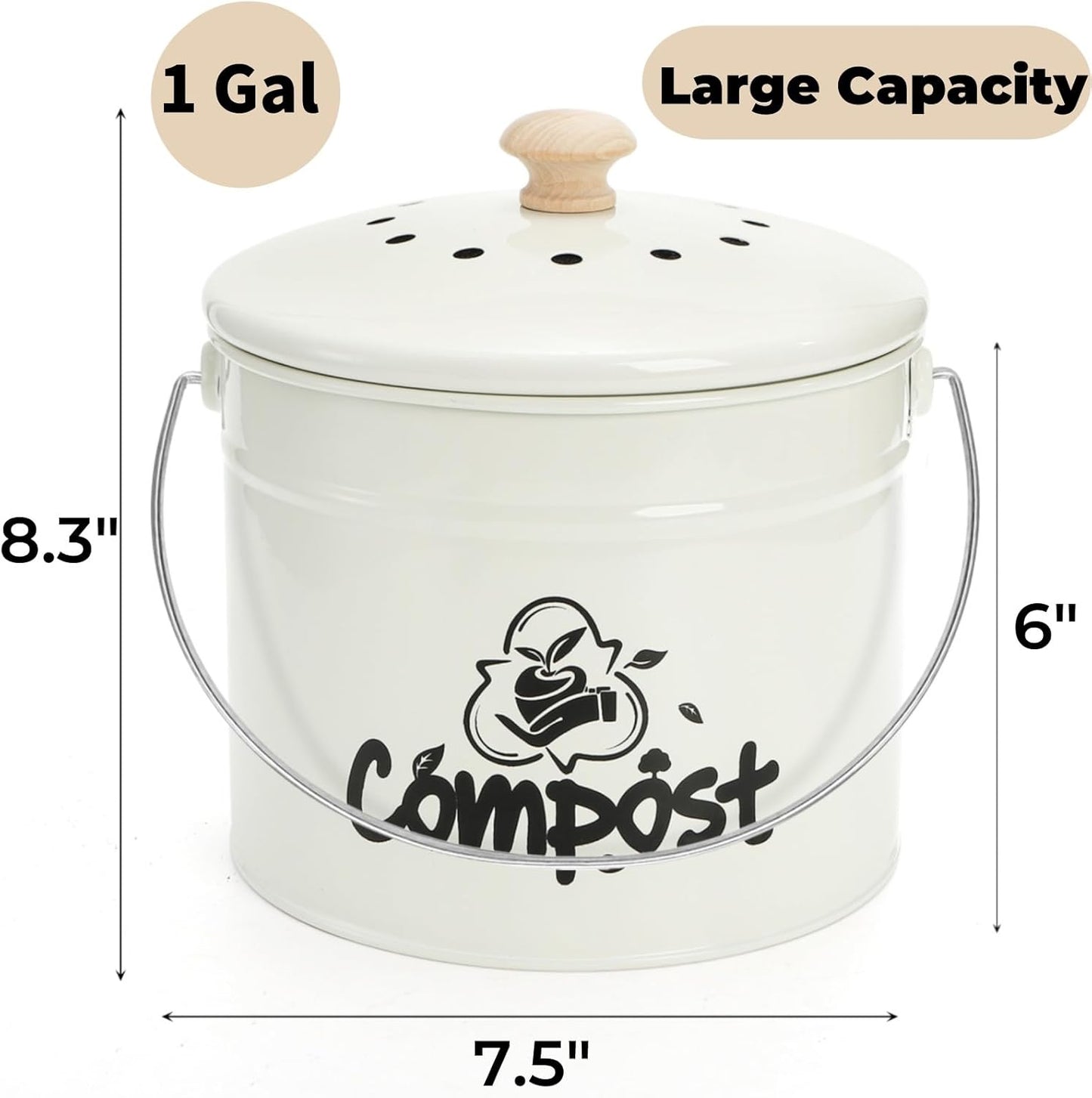 Small Kitchen Compost Bin, 1 Gallon Odorless Composter Container, Food Waste Bucket with Charcoal Filter Lid, Indoor Farmhouse Composting Pail Canister for Trash Scraps, Carrying Handle