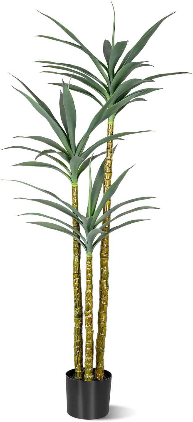 Artificial Agave Plant 5Ft Artificial Tree, Indoor Large Fake Plant 7 Head in Black Plastic Planter, 60in Faux Plants for Indoor or Outdoor Office Decoration Housewarming Green Tree