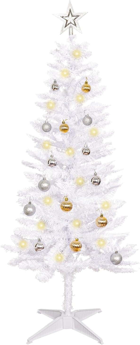 Sunshine White Christmas Tree with Light 4ft Artifical Full Christmas Tree with Ball & Star Ornaments 8 Lighting Modes for Holiday Decor