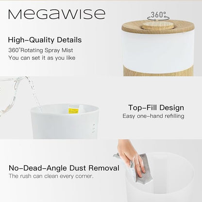 MEGAWISE 2025 Upgraded Ultrasonic Cool Mist Humidifier - 1.5L Capacity, Whisper-Quiet & Adjustable Mist, Auto Shut-Off Safety Feature – Perfect for Home, Office, Baby Nursery & Bedroom