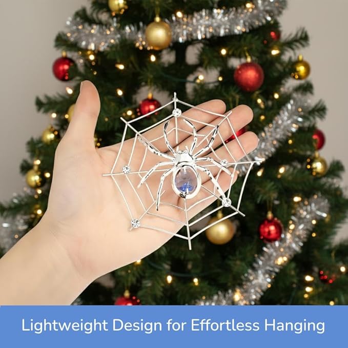 Matashi Silver Plated Christmas Tree Spider Ornament w Blue, Clear Crystals Lucky Hanging Decoration, Holiday Ornament Gift, Unique Spider Decor for Christmas & Halloween Party w Tinsel Legend Story