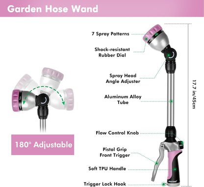 RESTMO Metal Watering Wand, Heavy Duty Garden Hose Wand with 180° Swivel Ratcheting Head, 16'' Hose Nozzle Sprayer with 7 Spray Patterns and Flow Control, for Water Hanging Baskets and Shrubs, Pink