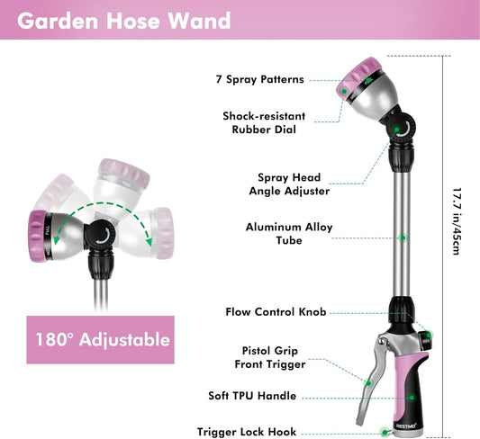 RESTMO Metal Watering Wand, Heavy Duty Garden Hose Wand with 180° Swivel Ratcheting Head, 16'' Hose Nozzle Sprayer with 7 Spray Patterns and Flow Control, for Water Hanging Baskets and Shrubs, Pink