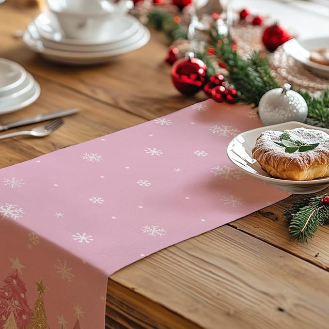 GEEORY Christmas Table Runner 13x72 Inch, Xmas Trees Snowflakes Holiday Decorative Farmhouse Table Decoration for Kitchen Dinning, Indoor Outdoor Dinner Party Decor (Pink) GT153-72