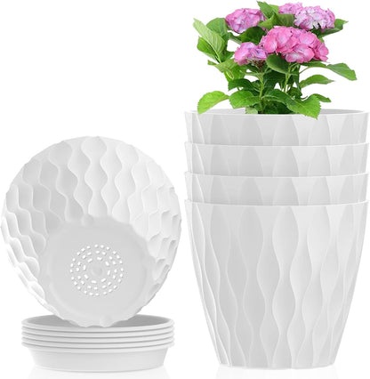 6 inch Flower Pots, 5 Pack Plant Pots for Indoor Outdoor Plants, Water Ripples Plastic Planters with Drainage Holes and Saucers, Nursery Pots for Small Succulent Garden House Plants, White