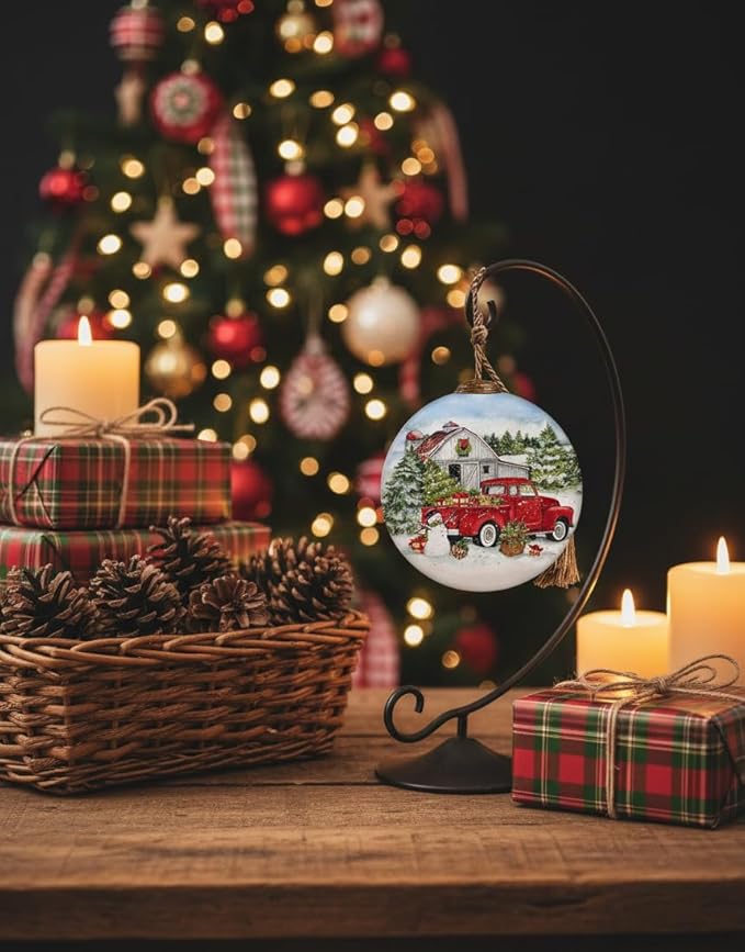 Red Truck Christmas Ornament with Gifts and Barn – Farmhouse Holiday Decor – Hand-Painted Glass Vintage Red Truck Ornament for Christmas Tree