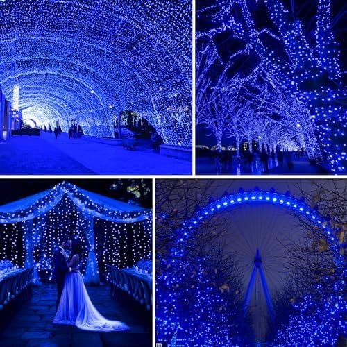 JXLEDAYY 200 FT 500 LED Christmas Lights Outdoor Fairy Lights Plug in Extra Long String Lights Clear Wire Waterproof 8 Modes Timer for Outside House Tree Garden Yard Wedding Party Decorations-Blue