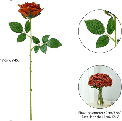 50Pcs Burnt Orange Roses Artificial Flowers Artificial Silk Roses Bulk,Fake Roses Flower with Stems Realistic Flowers for Wedding Centerpiece Home Party Decor