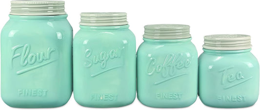 Young's Inc. 4 Pcs Set Vintage Ceramic Canisters- Storage Container for Kitchen and Bathroom - Beautiful Home Decor Accent to Store Food, Coffee, Tea, and More - Sky Blue