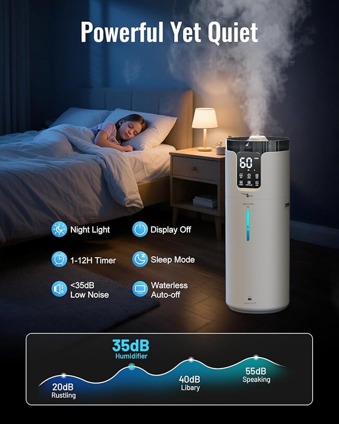 Humidifier large room 16L/4.2Gal - Lacidoll Whole house Humidifier for Home1500 sq.ft. Ultrasonic Cool Mist Humidifiers for Bedroom with Extension Tube & Aroma Box & Night light, White