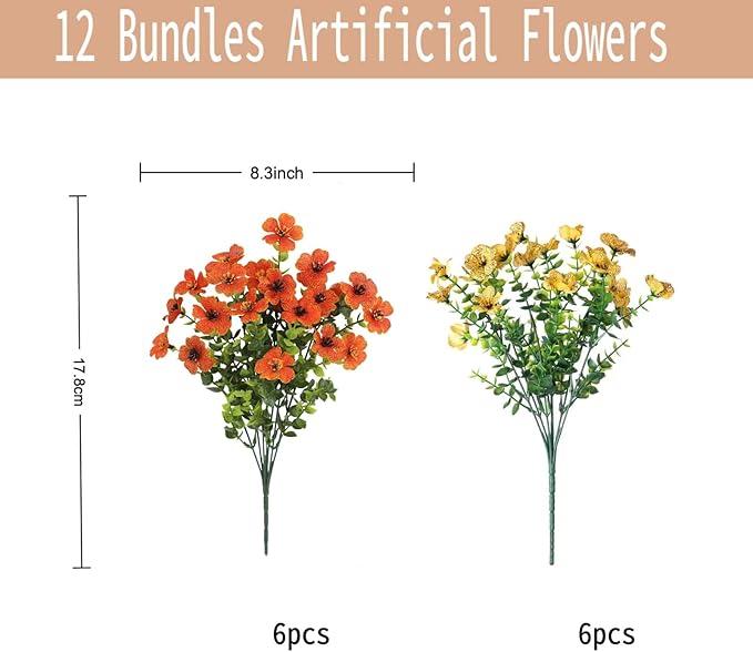 SHIAWASENA Realistic Outdoor Fake Plants Flowers, Artificial Flowers, UV Resistant, 12 Bundles Faux Silk Colorful Violet Flowers Bouquet with Eucalyptus (Yellow & Orange)