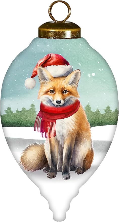 Glass Fox Ornament – Woodland Christmas Decoration with Santa Hat, Cardinals & Gifts – “Warm Winter Wishes” Collectible – Fox Gift for Nature Lovers – 4.5” Teardrop Ornament with Gift Box
