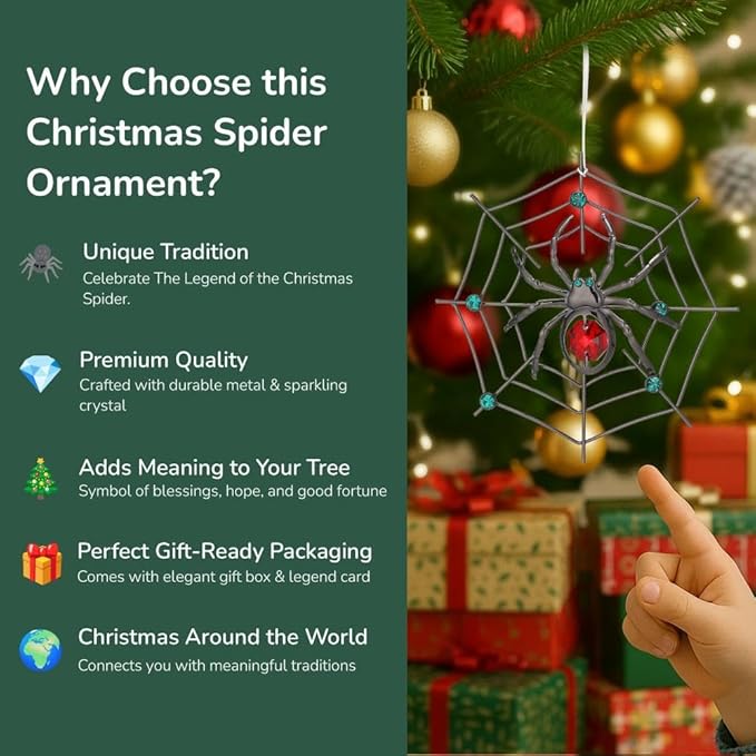 Matashi Black Spider Hanging Ornament for Christmas Tree w Red, Green Crystals – Lucky Spider Web Decoration for Tree, Seasonal Decor Holiday Hanging Ornament Gift Inspired by Christmas Spider Legend