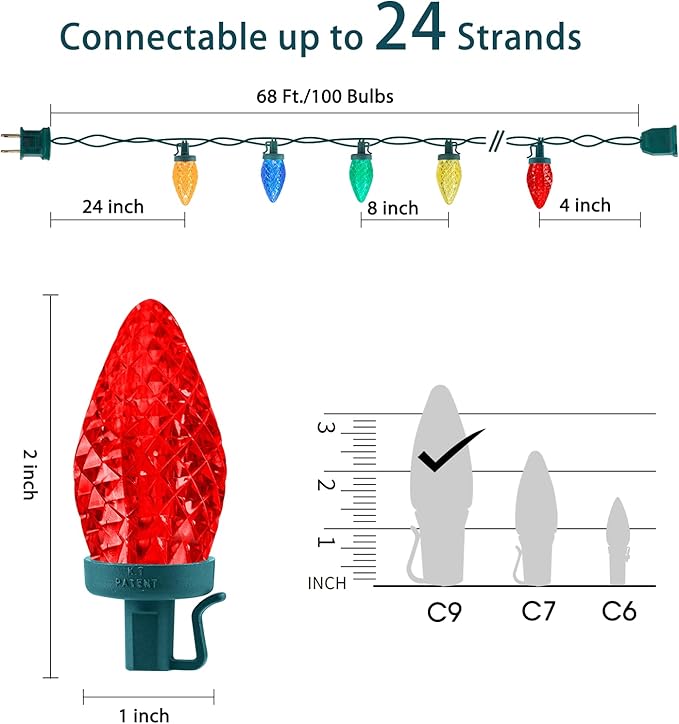 C9 LED Christmas Lights Outdoor, 68 Feet 100 LED Strawberry String Lights with 100 Spring Clamps, Waterproof Commercial Grade Extendable for Outside Roofline Patio Home Xmas Decoration, Multicolor