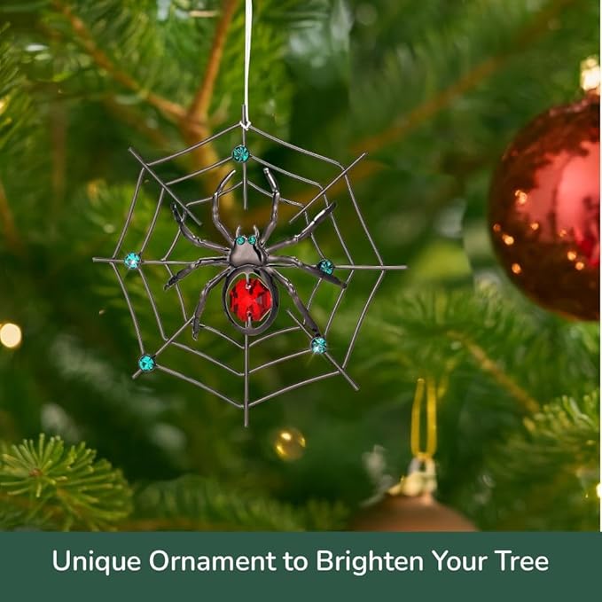 Matashi Black Spider Hanging Ornament for Christmas Tree w Red, Green Crystals – Lucky Spider Web Decoration for Tree, Seasonal Decor Holiday Hanging Ornament Gift Inspired by Christmas Spider Legend