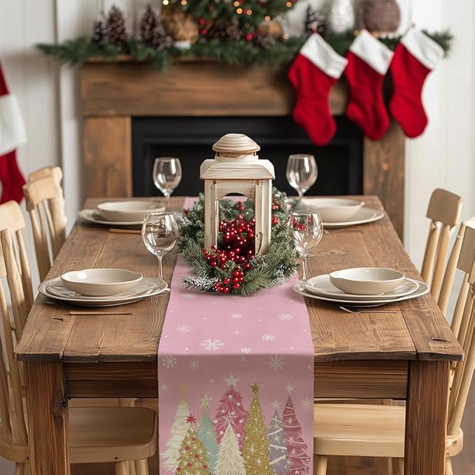 GEEORY Christmas Table Runner 13x72 Inch, Xmas Trees Snowflakes Holiday Decorative Farmhouse Table Decoration for Kitchen Dinning, Indoor Outdoor Dinner Party Decor (Pink) GT153-72
