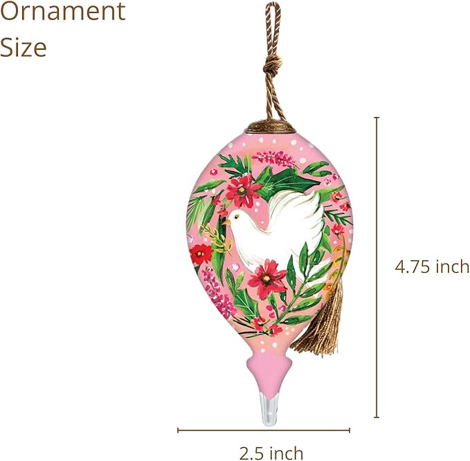 White Dove Ornamen – Hand-Painted Pink Glass Christmas Ornament for Tree– Peace Dove Holiday Decoration – Teardrop Ornament with Floral Wreath