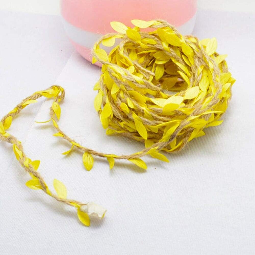 66 Feet Total Burlap Yellow Leaf Ribbon 2 Rolls 5mm Natural Jute Vine with Artificial Leaves Ribbon for Crafts Jungle Party Wedding Garden Home Decoration Twine