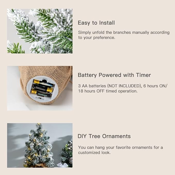 24 Inch 2 FT Pre-lit Snowy Mini Christmas Tree, DECSPAS Small Tabletop Flocked Christmas Tree with 20 LED Lights Red Berries Pine Cones and Cloth Bag Base Xmas Decorations for Holiday Party (Color A)