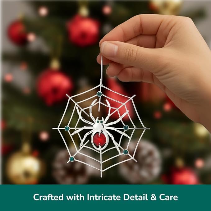Matashi Silver Plated Christmas Tree Spider Ornament w Red, Green Crystals Lucky Hanging Decoration, Holiday Ornament Gift, Unique Spider Decor for Christmas & Halloween Party w Tinsel Legend Story