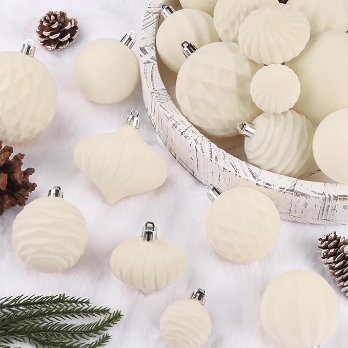 28PCS Velvet Christmas Balls Ornaments, Flocked Shatterproof Beige Cream Xmas Tree Hanging Decoration Plastic Ball Set Bulk Ornament for Winter Trees Holiday Party Home Wreath Decor