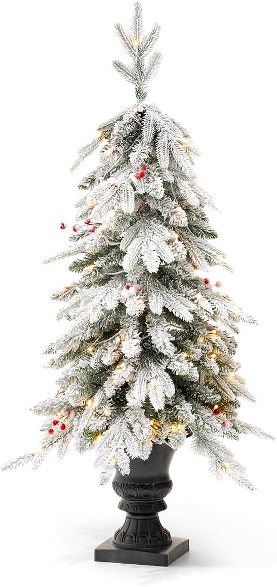 Glitzhome 4ft Christmas Tree, Small Christmas Tree Flocked Fir Potted Prelit Artificial Christmas Tree with 100 Warm White Lights and Red Berries,313 PE&PVC Branch Tips for Holiday Party Decorations