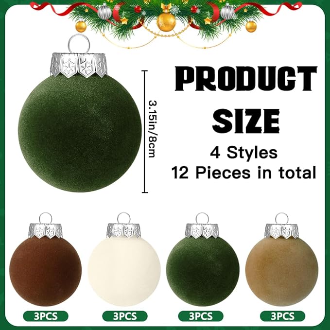 YUJUN 12 PCS Christmas Large Velvet Balls Ornaments 3.14In Shatterproof White Green Tree Hanging Plastic Ball Set Xmas Bulk Flocked Ornaments for Christmas Tree Home Party Wreath Decorations