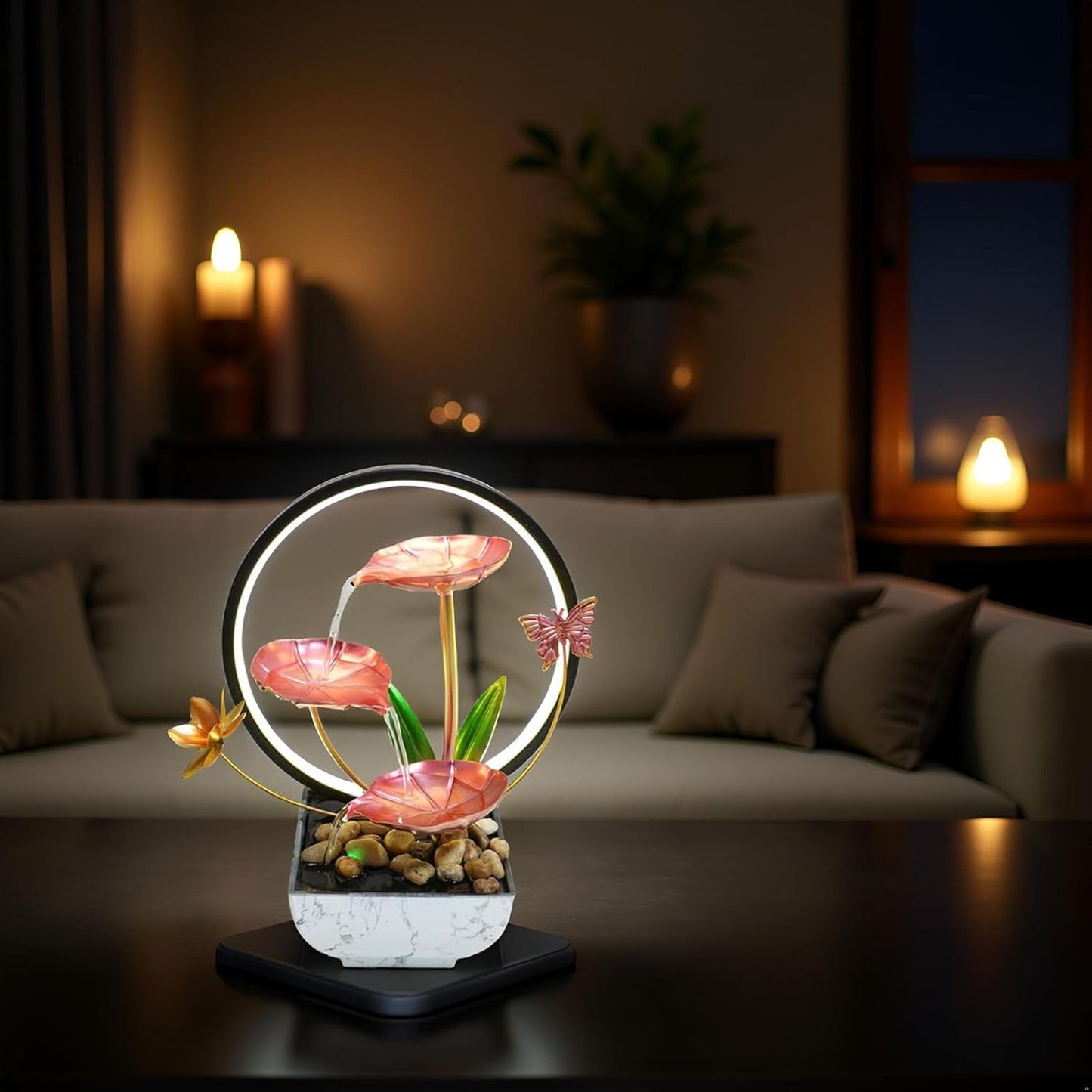 Pink Indoor Table Top Indoor Relaxation Water Fountain, Waterfall, Small Fountains with LED Lights Zen Meditation Fountains.