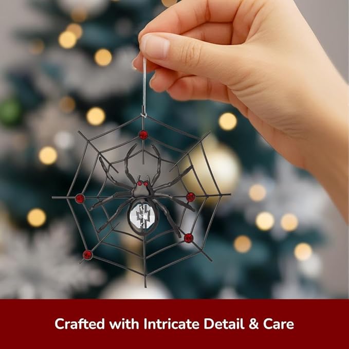 Matashi Black Spider Hanging Ornament for Christmas Tree w Clear, Red Crystals – Lucky Spider Web Decoration for Tree, Seasonal Decor Holiday Hanging Ornament Gift Inspired by Christmas Spider Legend