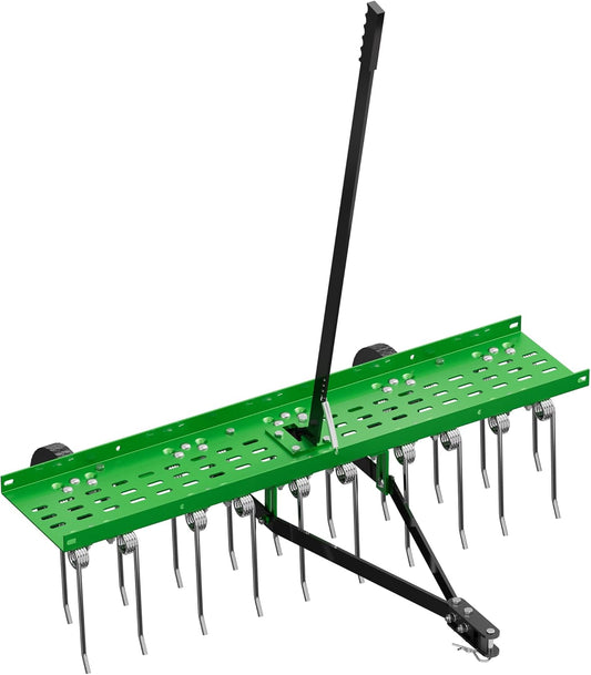 40" Tow-Behind Dethatcher with 20 Spring Steel Tines, Pull Behind Lawn Tractor Mower Grass Rake for Yard, Garden, and Farm Care – Removes Thatch, Leaves, and Pine Needles-Green
