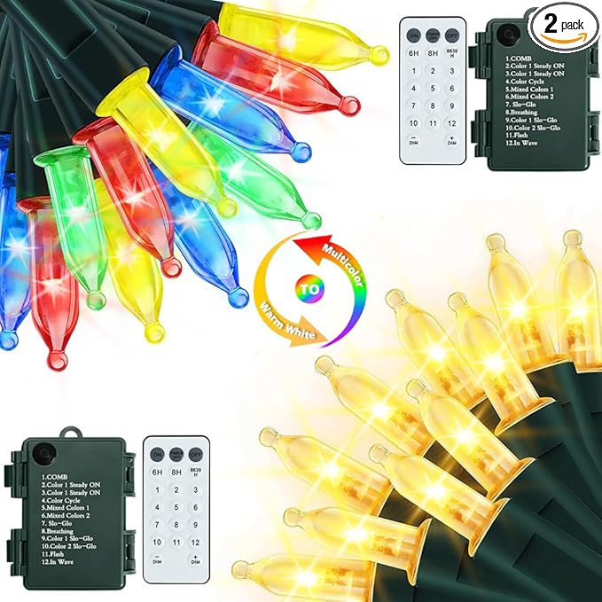Battery Christmas Lights with Remote, 2 Pack 17ft 50 LED Dual Color Changing Mini String Light with 3 Auto-Timer Options and 12 Lighting Modes Waterproof Tree Lights (Warm White & Multicolor )