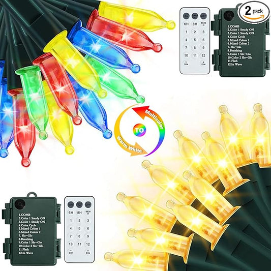 Battery Christmas Lights with Remote, 2 Pack 17ft 50 LED Dual Color Changing Mini String Light with 3 Auto-Timer Options and 12 Lighting Modes Waterproof Tree Lights (Warm White & Multicolor )