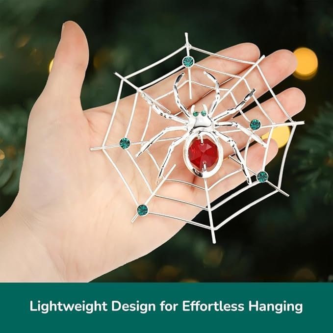 Matashi Silver Plated Christmas Tree Spider Ornament w Red, Green Crystals Lucky Hanging Decoration, Holiday Ornament Gift, Unique Spider Decor for Christmas & Halloween Party w Tinsel Legend Story