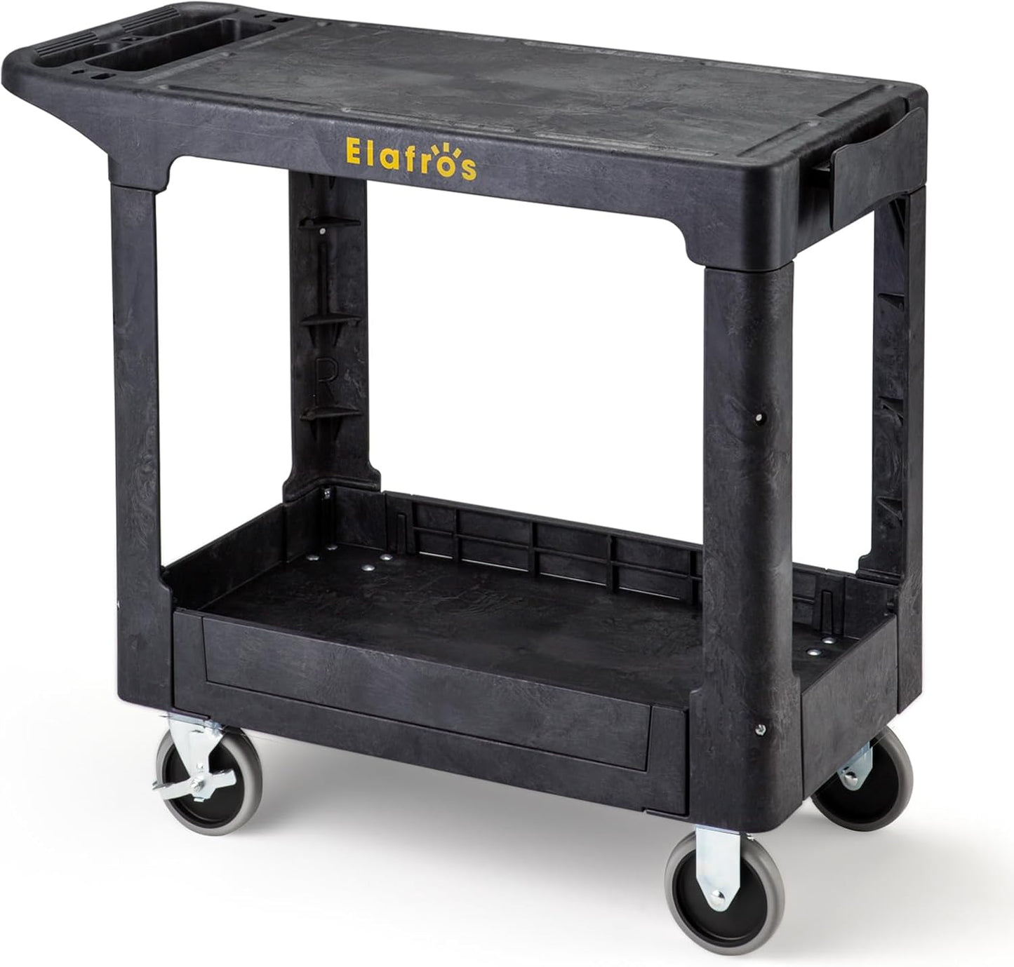 ELAFROS Heavy Duty Plastic Utility Cart Flat top 37 x 18.8 Inch - Work Cart Flat Shelves and 2 Fixed 2 Swivel Wheels Safely Holds up to 550 lbs - 2 Tier Service Cart for Warehouse,Garage, Black