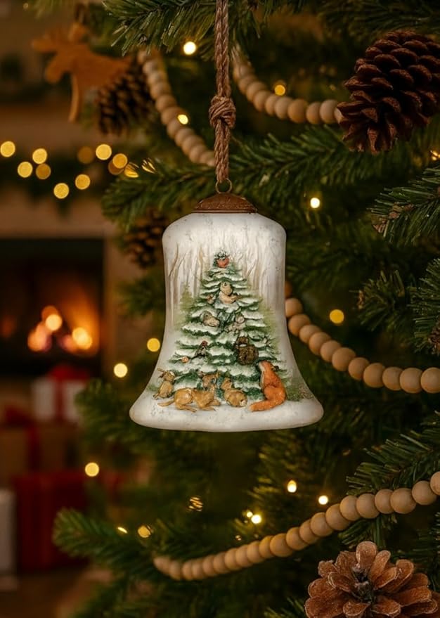 Hand-Painted Woodland Animal Christmas Bell Ornament – Reverse Painted Glass with Deer, Fox, Owl, Rabbits & Cardinal – Collectible Holiday Ornament with Gift Box