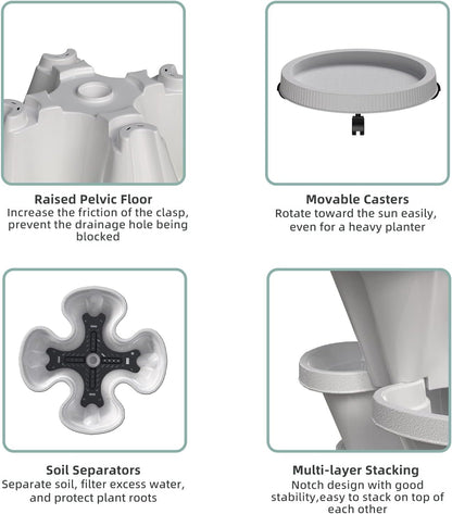 Strawberry Vertical Planter, Stacking Garden Tower, 3 Tiered Stackable Herb Vegetable Planters with Movable Casters and Bottom Saucer Indoor and Outdoor - Black
