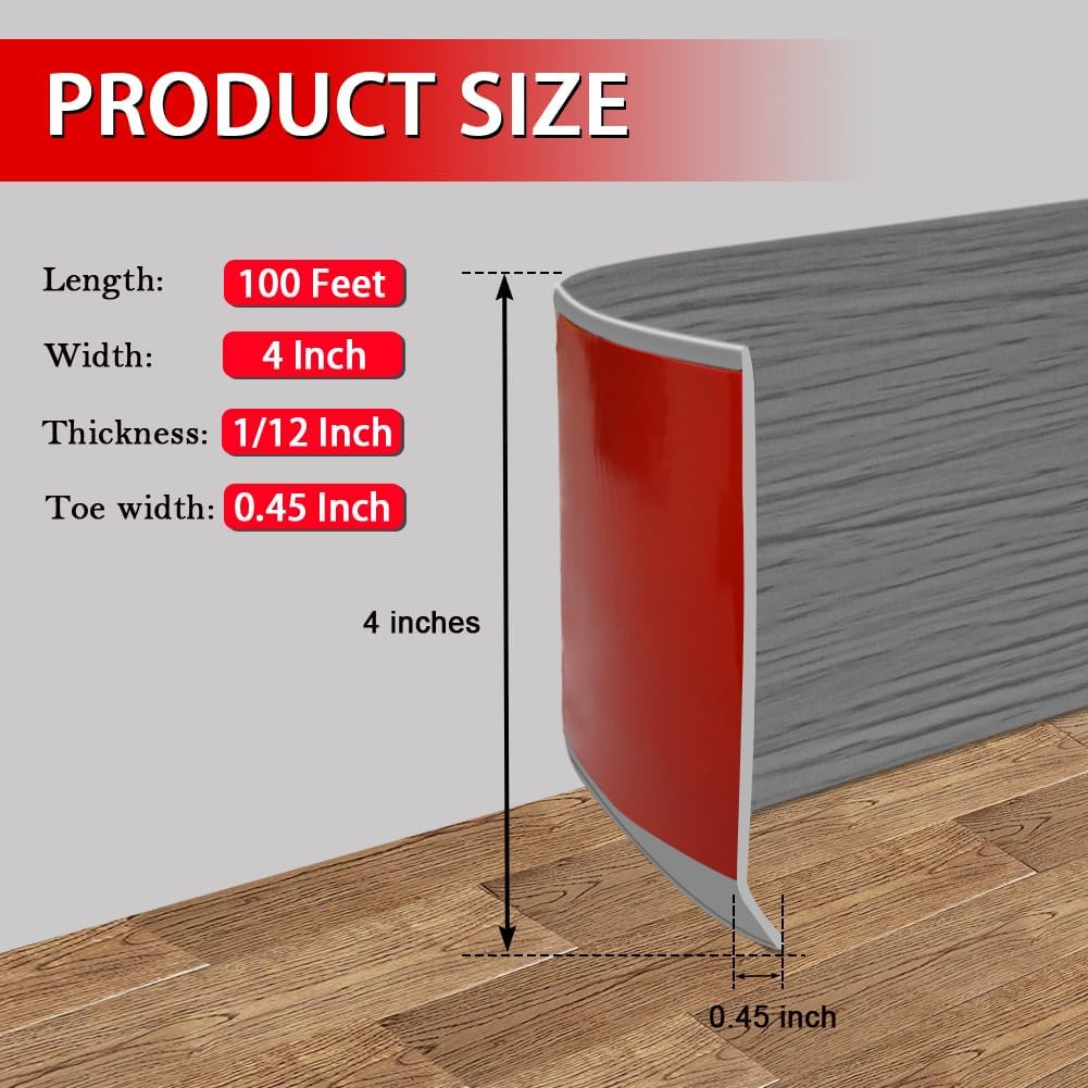 Vinyl Wall Base Baseboard Molding Trim 4" Flexible Self Adhesive Rubber Wall Base Moulding Trim Peel and Stick Design, 4 Inch x 100 Feet, Medium Grey Wood