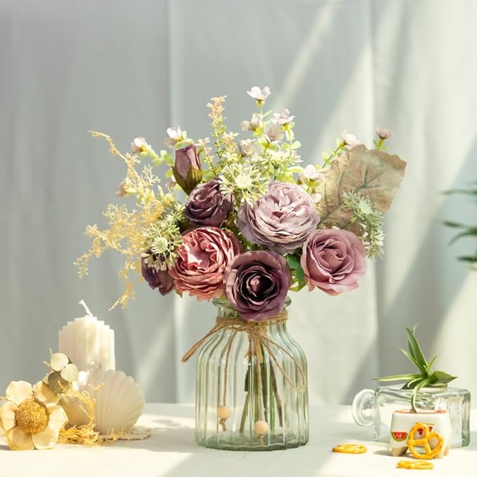 LESING Fake Artificial Flowers with Vase Faux Silk Flower Bouquet in Glass Vase Rose Floral Arrangements Flower for Home Office Decoration, Dining Table Centerpiece (Purple)