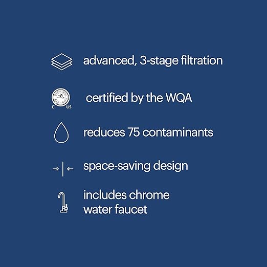 Brondell Coral UC300 Under Sink Water Filtration System – Reduces PFAS, Lead, & Chlorine in Drinking Water, Water Purifier with Designer Chrome Faucet – Quick Change Filter, WQA Gold Seal-Certified