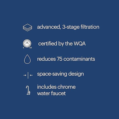 Brondell Coral UC300 Under Sink Water Filtration System – Reduces PFAS, Lead, & Chlorine in Drinking Water, Water Purifier with Designer Chrome Faucet – Quick Change Filter, WQA Gold Seal-Certified