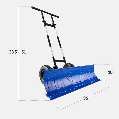 Best Choice Products 36in Galvanized Blade Heavy-Duty 2-Wheel Snow Pusher Hand Plow for Snow Removal w/Wheels, Adjustable Handle, Blade Angle - Blue