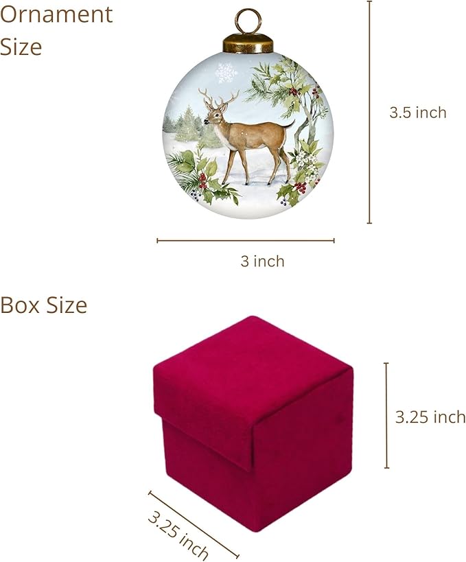 Winter Deer Ornament – Hand-Painted Woodland Buck Scene – Whitetail Glass Deer Christmas Ornament – 3" Round Collectible – Deer Hunting Gift