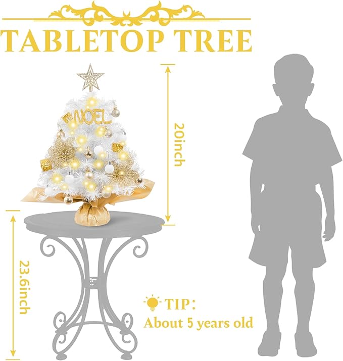 XmasExp Mini Christmas Tree with Lights White Small Christmas Tree Artificial Tabletop Xmas Decor Holiday Decoration for Home, Office, Party