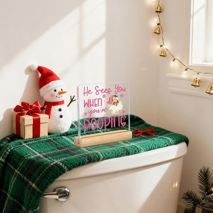 Christmas Bathroom Decor, Funny Pink Christmas Decorations, Santa Claus Acrylic Bathroom Table Decoration He Sees You When You're Pooping Sign, Home Shelf Desk Decor for Toilet 4x4 Inches