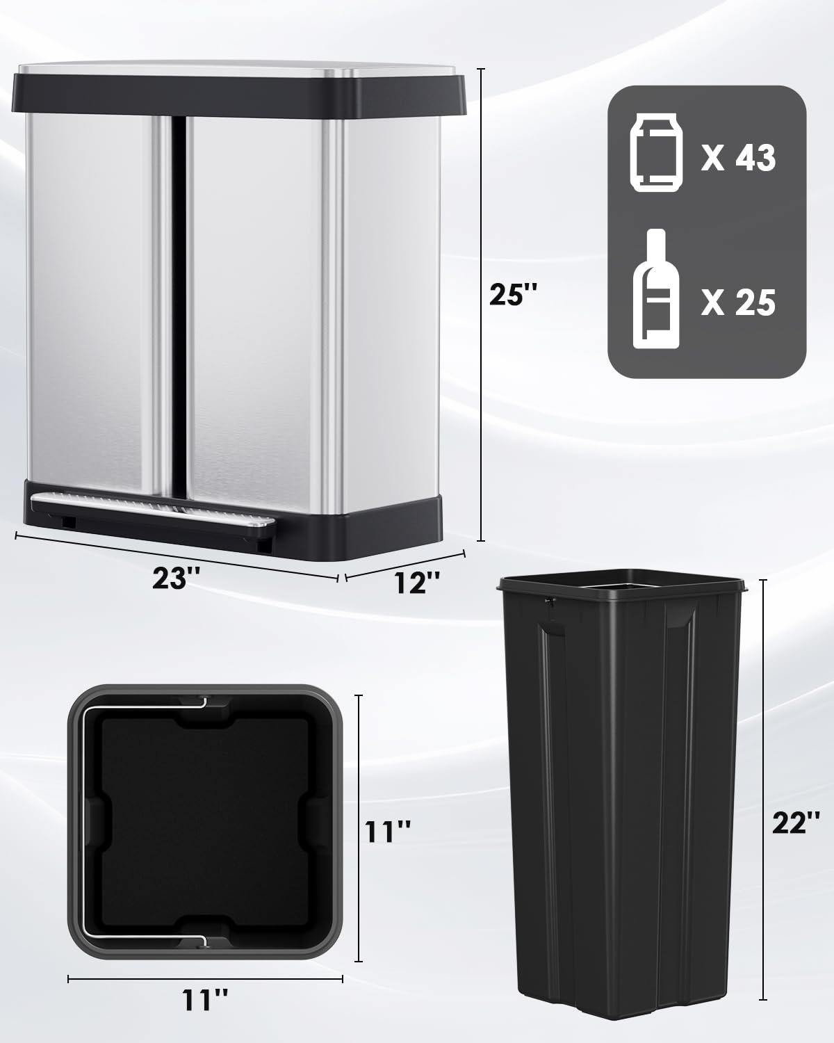 Arlopu 16 Gallon Dual Trash Can, 60L(2x30L) Stainless Steel Kitchen Garbage Can, Step-on Classified Recycle Garbage Bin with Removable Inner Buckets, for Kitchen, Living Room, Office (Silver)