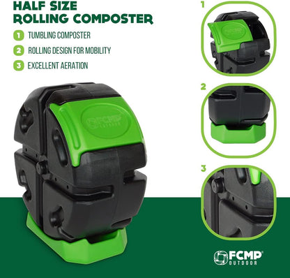 FCMP Outdoor HOTFROG Half Size Rolling Single Chamber Batch Tumbling Composter - Outdoor Rotating Garden Compost Bin (HF-RC2000WB-GRN) Black & Green (19-Gallon)