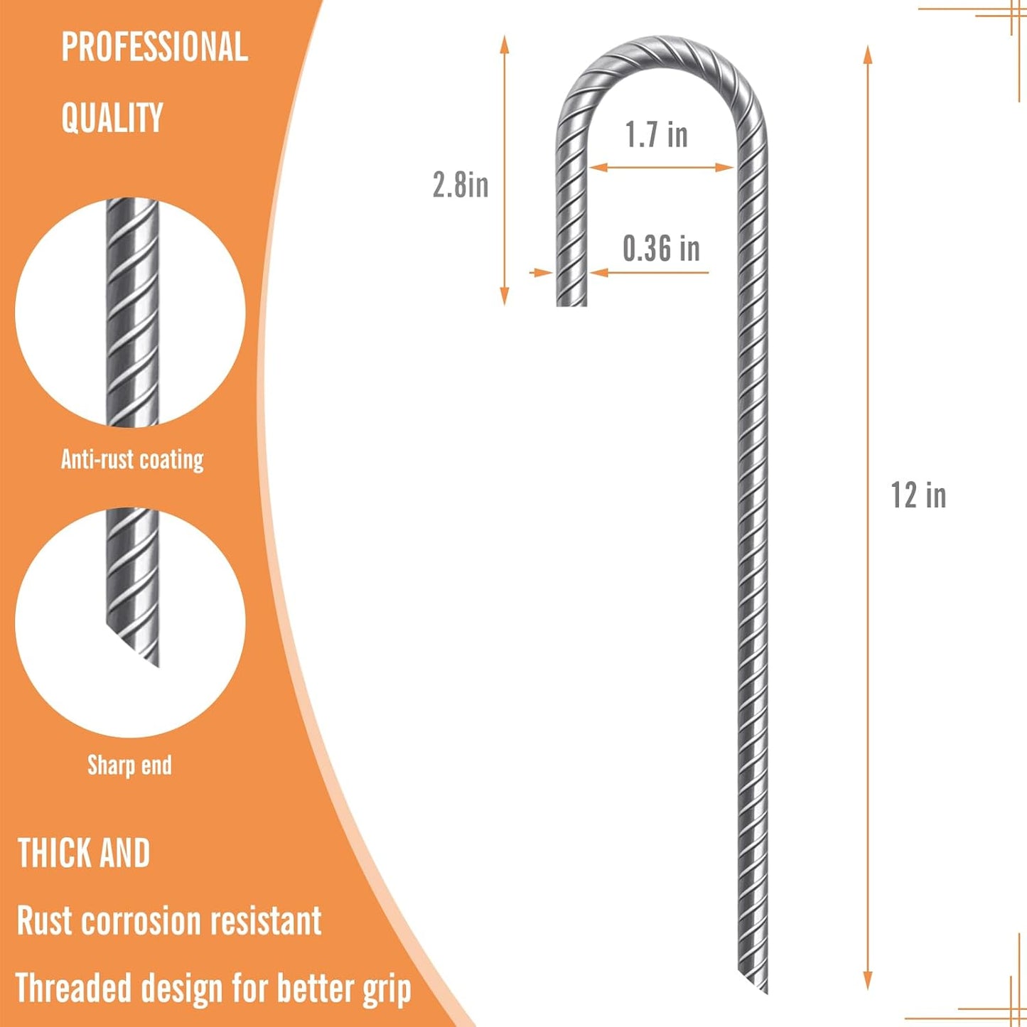 ASDFGHT J Hook Rebar Stakes 12 & 16 Inch (Black or Silver), Heavy Duty Professional Quality Ground Anchors for Chainlink Fence, Sports nets, Camping, Trampolines, Irrigation Pipes and Garden