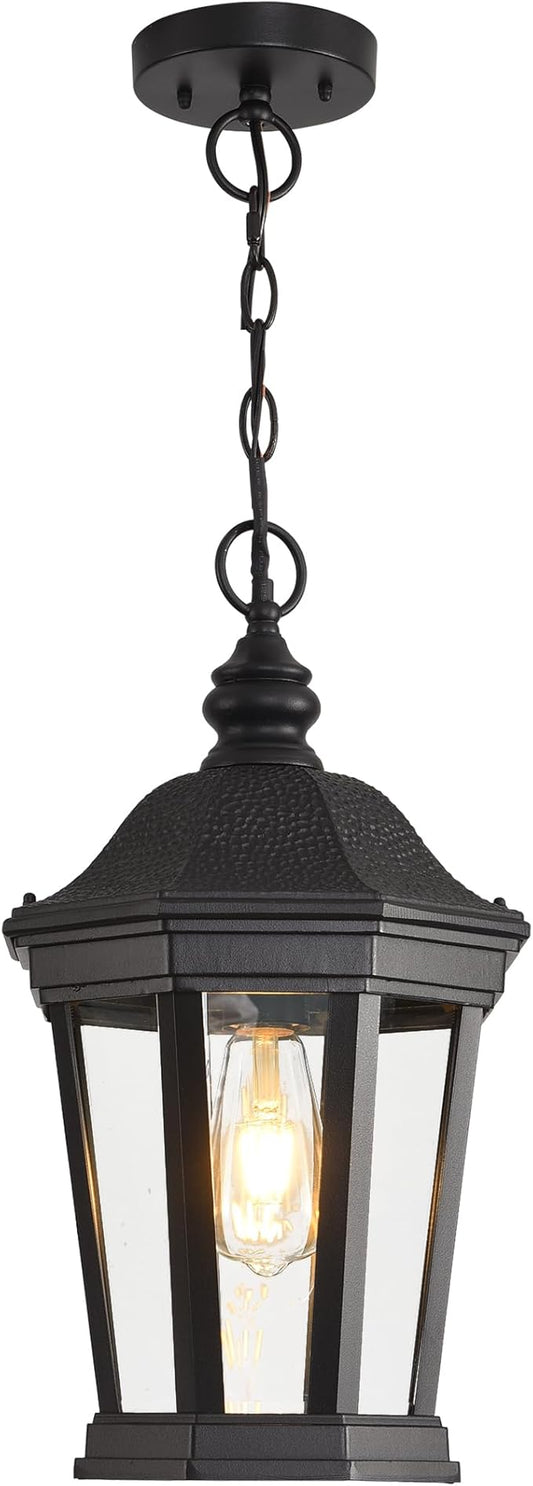 Large Outdoor Pendant Light Fixtures, 17.9" H Black Exterior Hanging Lantern Lights, Height Adjustable Outside Chandeliers with Clear Glass for Porch, Farmhouse, House