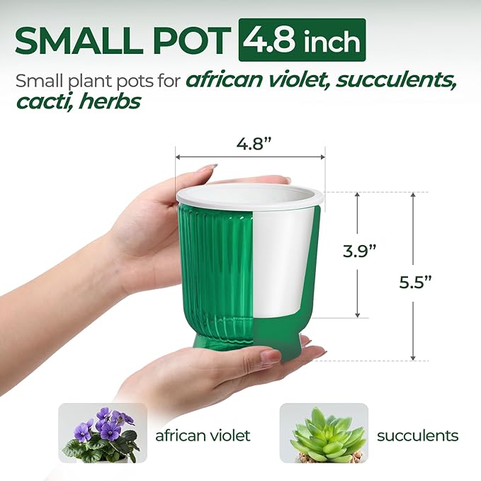 T4U 4.8 Inch Self Watering Plant Pot, 4 Pack Self Watering Pots, Self Watering Planter with Reservoir, Small Self Watering Pots for Indoor Plants, African Violets (4 Pack, 4.8", Translucent Green)