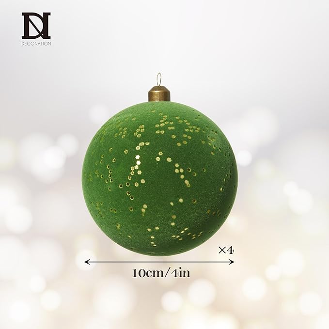 DN DECONATION 4PCS Christmas Ball Ornaments Set – Green Ball Ornaments for Christmas Tree, 4” Shatterproof Velvet Plastic Balls Xmas Decorations with Ribbons for Winter Holiday Decor Gifts